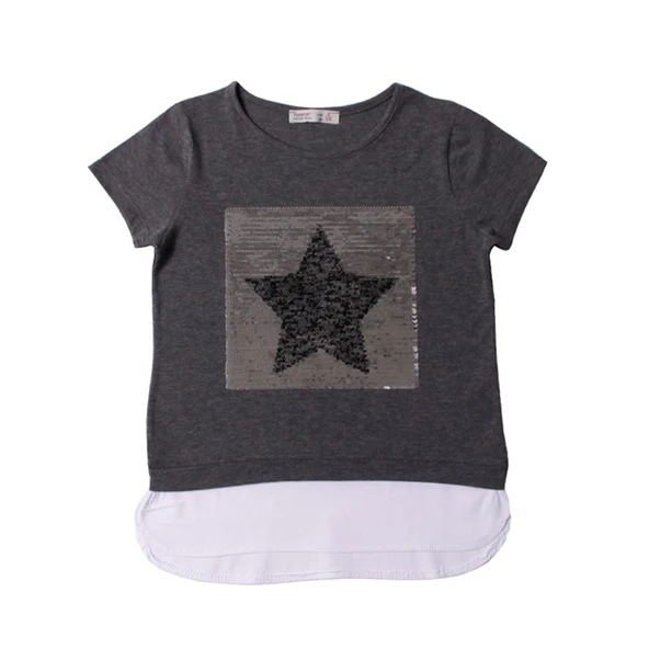 Toontoy Kız Çocuk Pullu Yıldız Nakışlı Tişört - Resim 3