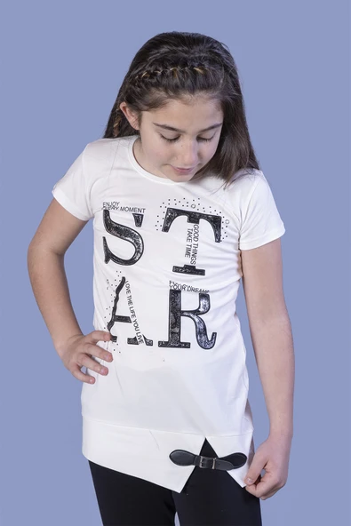 Toontoy Kız Çocuk Star Baskılı Kemer Detaylı Tişört - Resim 3