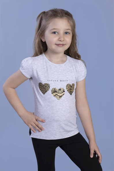 Toontoy Kız Çocuk Simli Kalp Desenli T-Shirt - 7