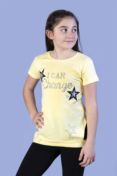 Toontoy Kız Çocuk Yıldız Baskılı Taş İşlemeli Tişört - Resim 5