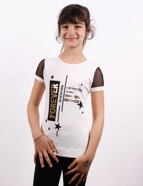 Toontoy Kız Çocuk Yıldız Baskılı Kol Tarafı Fileli Tişört - 12