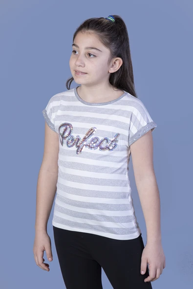 Toontoy Kız Çocuk Perfect Nakışlı Kolları İnci Detaylı Tişört - 5