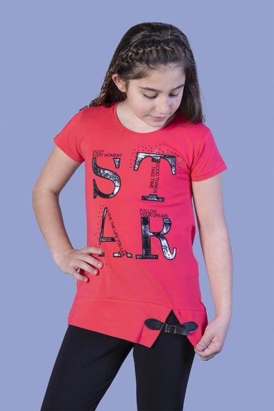 Toontoy Kız Çocuk Star Baskılı Kemer Detaylı Tişört - Resim 5