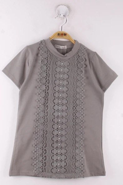 Toontoy Kız Çocuk Dantelli İnci İşlemeli Okul Tişört - 3