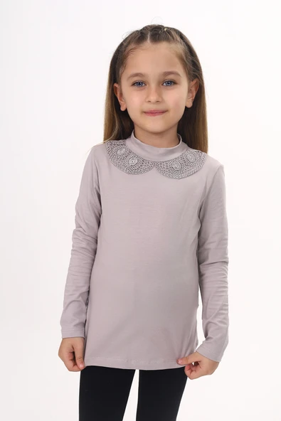 Toontoy Kız Çocuk Yakası Dantel Detaylı Tişört - Resim 11