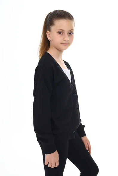 Toontoy Kız Çocuk V Yaka Düğmeli Düşük Omuz Örme Okul Hırkası - 2 İplik - 8