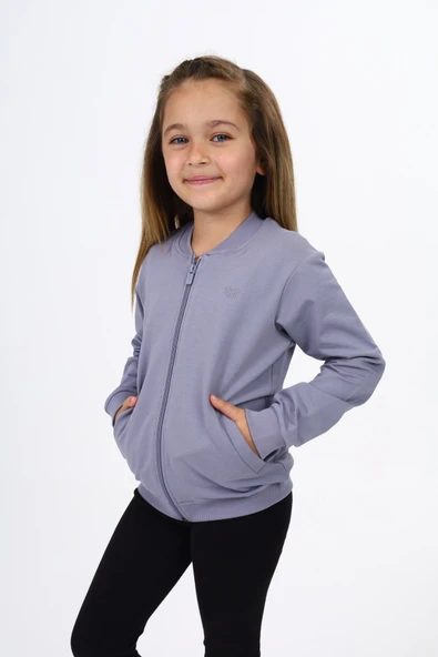 Toontoy Kız Çocuk Kolej Yaka Fermuarlı Cepli Yarım Düşük Omuz Nakış Baskılı Örme Hırka - 2 İplik - 8