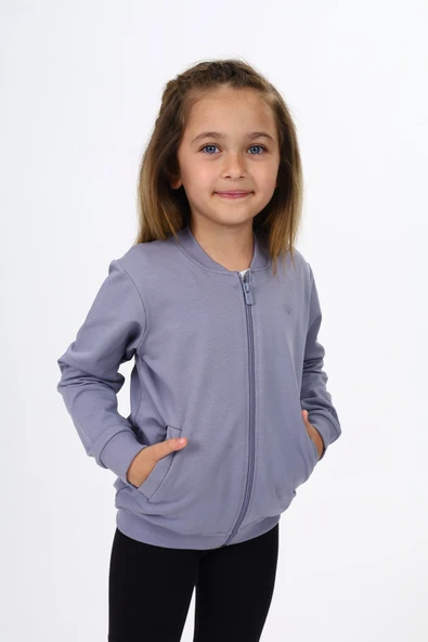 Toontoy Kız Çocuk Kolej Yaka Fermuarlı Cepli Yarım Düşük Omuz Nakış Baskılı Örme Hırka - 2 İplik - 9