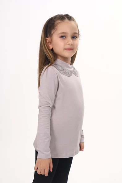 Toontoy Kız Çocuk Yakası Dantel Detaylı Tişört - Resim 3