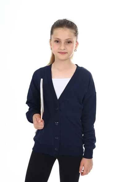 Toontoy Kız Çocuk V Yaka Düğmeli Düşük Omuz Örme Okul Hırkası - 2 İplik - 5