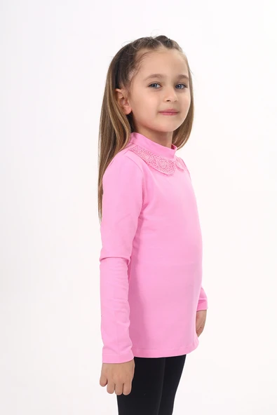 Toontoy Kız Çocuk Yakası Dantel Detaylı Tişört - Resim 6