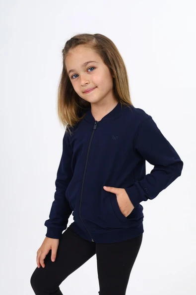 Toontoy Kız Çocuk Kolej Yaka Fermuarlı Cepli Yarım Düşük Omuz Nakış Baskılı Örme Hırka - 2 İplik - 5