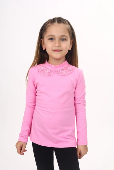 Toontoy Kız Çocuk Yakası Dantel Detaylı Tişört - Resim 5