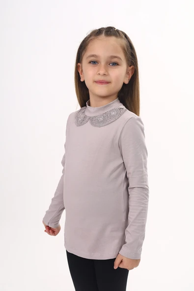 Toontoy Kız Çocuk Yakası Dantel Detaylı Tişört - Resim 12