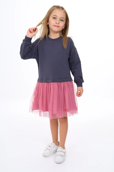 Kız Çocuk Baskılı Relax Fit Bisiklet Yaka Uzun Kollu Tüllü Elbise - Renk Bloklu - Resim 11