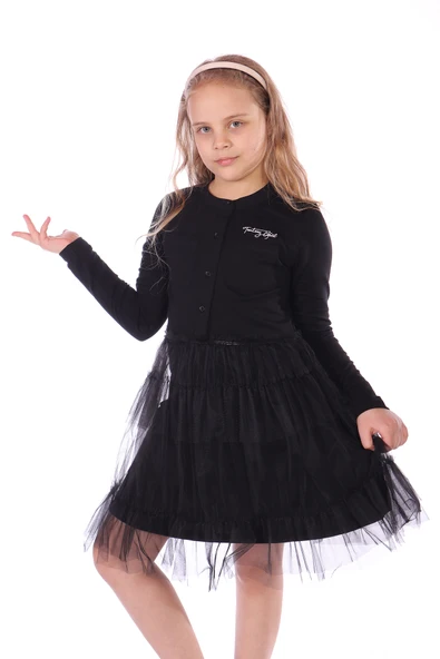 Toontoy Kız Çocuk Düğmeli Toontoy Girl Nakışlı Tüllü Elbise - 4