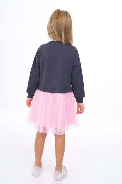 Kız Çocuk Baskılı Relax Fit Bisiklet Yaka Uzun Kollu Tüllü Elbise - Renk Bloklu - Resim 9