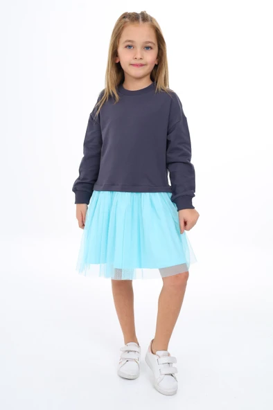 Kız Çocuk Baskılı Relax Fit Bisiklet Yaka Uzun Kollu Tüllü Elbise - Renk Bloklu - Resim 2