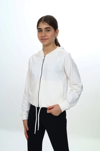 Toontoy Kız Çocuk Kapüşonlu Fermuarlı Reglan Kol Örme Hırka - Beli Ayarlanabilir Kordonlu & 2 İplik - 2