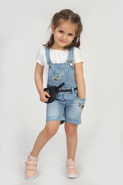 Kız Bebek Salopet Çantalı Gitar Nakışlı Kot - 6