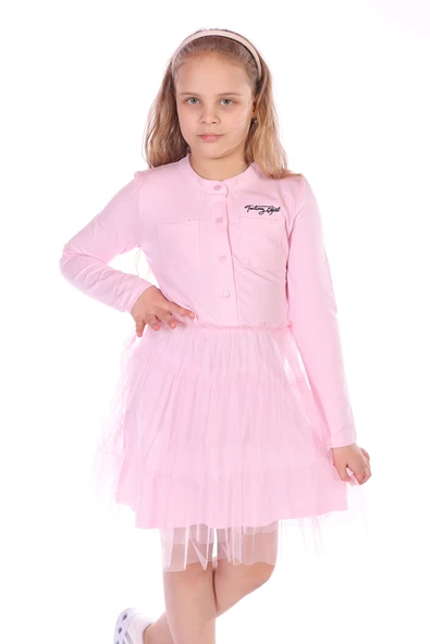 Toontoy Kız Çocuk Düğmeli Toontoy Girl Nakışlı Tüllü Elbise - 5