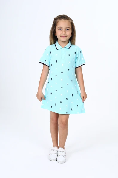 Toontoy Kız Çocuk Polo Yaka Çıtçıtlı Baskılı Elbise