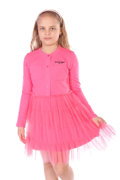 Toontoy Kız Çocuk Düğmeli Toontoy Girl Nakışlı Tüllü Elbise - 8