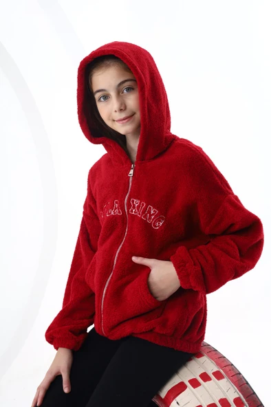 Toontoy Kız Çocuk Kapüşonlu Fermuarlı Cepli Düşük Omuz Nakış Baskılı Peluş Hırka - 7