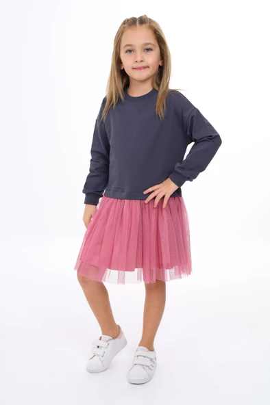 Kız Çocuk Baskılı Relax Fit Bisiklet Yaka Uzun Kollu Tüllü Elbise - Renk Bloklu - Resim 12