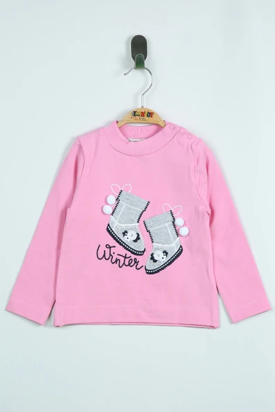 Toontoy Kız Bebek Ayakkabı Nakışlı Omuzdan Çıtçıtlı Tişört