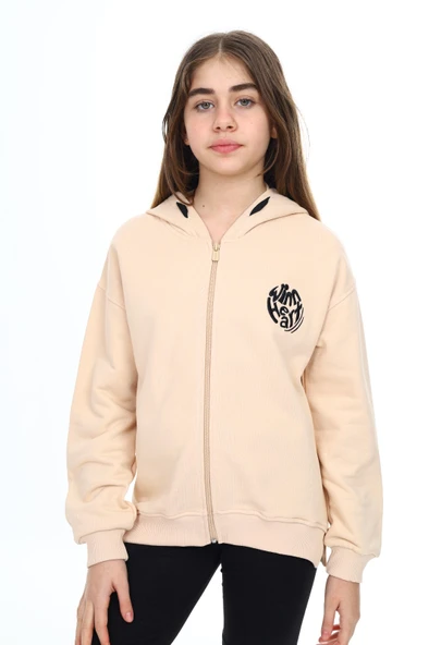 Toontoy Kız Çocuk Kapüşonlu Fermuarlı Düşük Omuz Nakış Baskılı Yırtmaç Detaylı Örme Hırka - 3 İplik Şardonsuz - 2