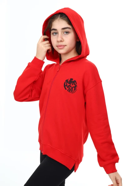 Toontoy Kız Çocuk Kapüşonlu Fermuarlı Düşük Omuz Nakış Baskılı Yırtmaç Detaylı Örme Hırka - 3 İplik Şardonsuz - 8