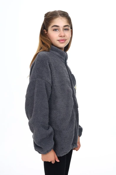 Toontoy Kız Çocuk Dik Yaka Fermuarlı Cepli Düşük Omuz Nakış Baskılı Peluş Hırka - 12