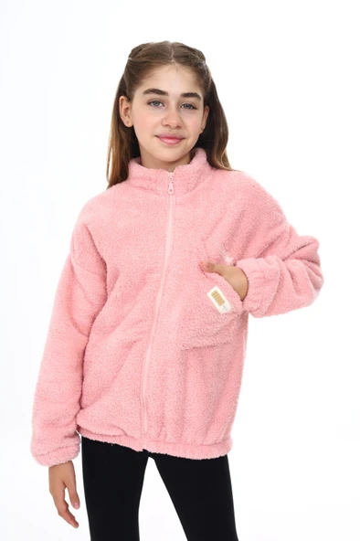Toontoy Kız Çocuk Dik Yaka Fermuarlı Cepli Düşük Omuz Nakış Baskılı Peluş Hırka - 2