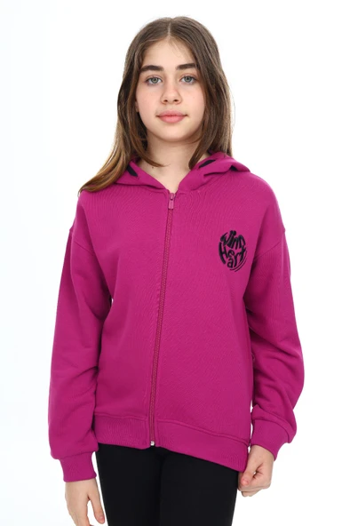 Toontoy Kız Çocuk Kapüşonlu Fermuarlı Düşük Omuz Nakış Baskılı Yırtmaç Detaylı Örme Hırka - 3 İplik Şardonsuz - 3