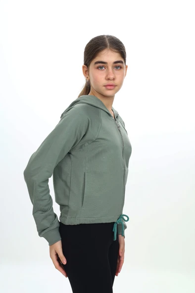 Toontoy Kız Çocuk Kapüşonlu Fermuarlı Reglan Kol Örme Hırka - Beli Ayarlanabilir Kordonlu & 2 İplik - 10