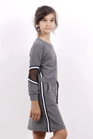 Toontoy Kız Çocuk Göğsü Armalı Şeritli Elbise - Resim 3