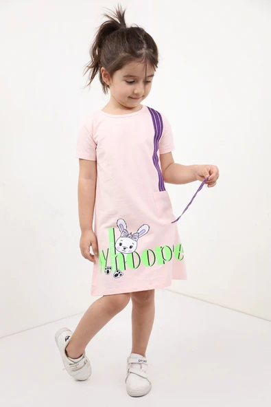 Toontoy Kız Çocuk Cepli Şeritli Tavşan Baskılı Elbise - 6