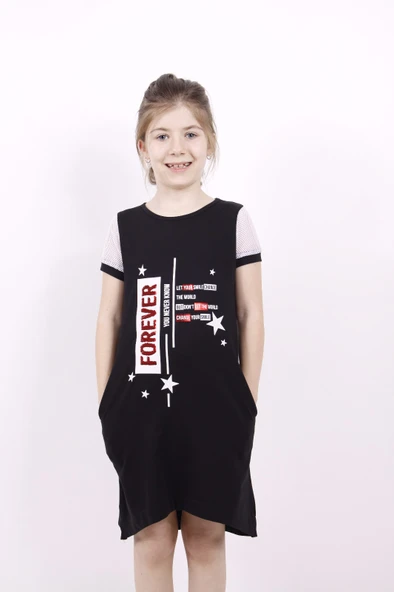 Toontoy Kız Çocuk Forever Pul Nakışlı Kol Fileli Elbise - 11