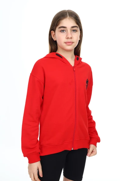 Toontoy Kız Çocuk Kapüşonlu Fermuarlı Düşük Omuz Nakış Baskılı Yırtmaç Detaylı Örme Hırka - 3 İplik Şardonsuz - 6