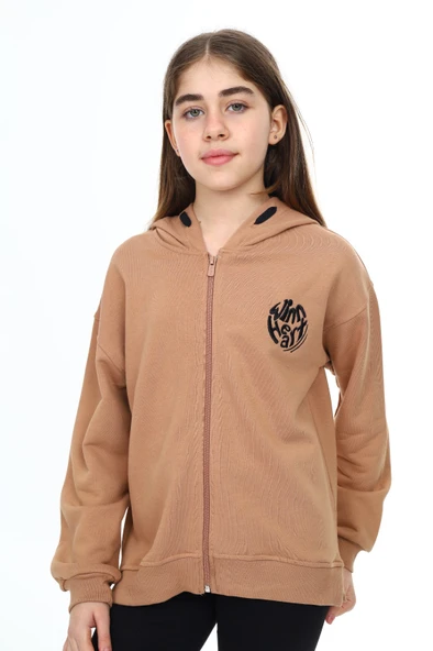 Toontoy Kız Çocuk Kapüşonlu Fermuarlı Düşük Omuz Nakış Baskılı Yırtmaç Detaylı Örme Hırka - 3 İplik Şardonsuz - 4