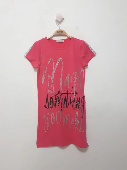 Toontoy Kız Çocuk Yazı inci Taşlı Elbise - Resim 5