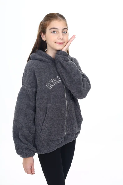 Toontoy Kız Çocuk Kapüşonlu Fermuarlı Cepli Düşük Omuz Nakış Baskılı Peluş Hırka - 12