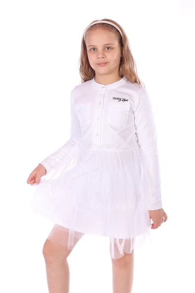 Toontoy Kız Çocuk Düğmeli Toontoy Girl Nakışlı Tüllü Elbise - 7