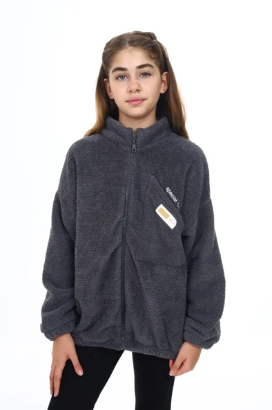 Toontoy Kız Çocuk Dik Yaka Fermuarlı Cepli Düşük Omuz Nakış Baskılı Peluş Hırka - 9