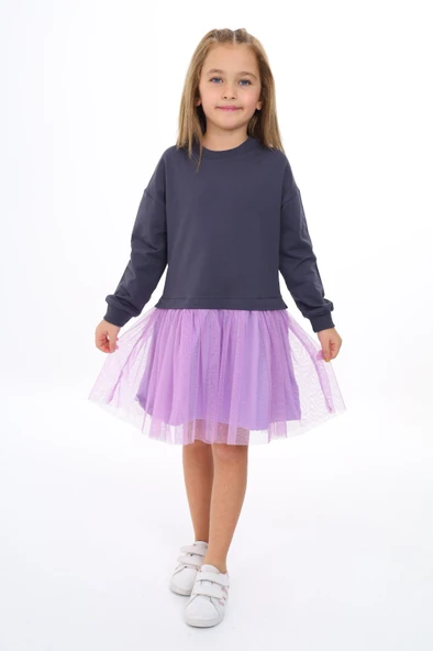 Kız Çocuk Baskılı Relax Fit Bisiklet Yaka Uzun Kollu Tüllü Elbise - Renk Bloklu - Resim 3