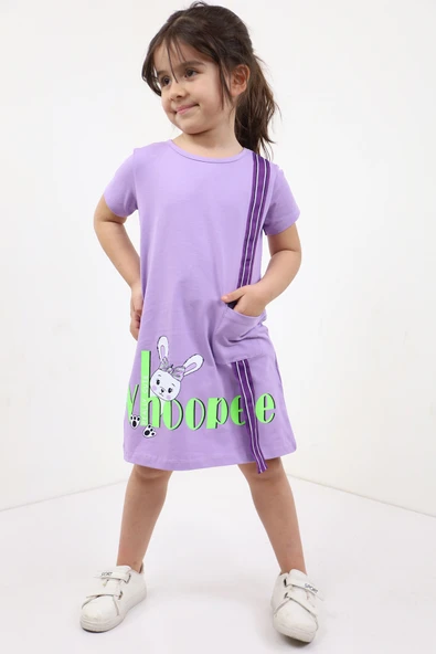Toontoy Kız Çocuk Cepli Şeritli Tavşan Baskılı Elbise - 9
