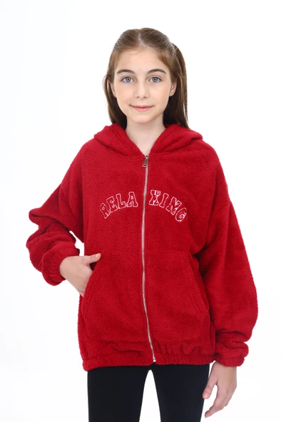 Toontoy Kız Çocuk Kapüşonlu Fermuarlı Cepli Düşük Omuz Nakış Baskılı Peluş Hırka