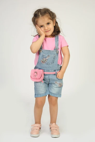 Kız Bebek Salopet Çantalı Gitar Nakışlı Kot - 7