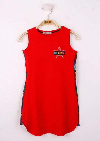 Toontoy Kız Çocuk Göğsü Yıldız Baskılı Sıfır Kol Elbise - Resim 12